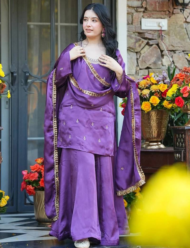 Lavender silk crepe heavy thread embroidery work kurta palazzo set