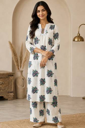 White cotton printed kurta with pant