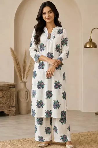White cotton printed kurta with pant