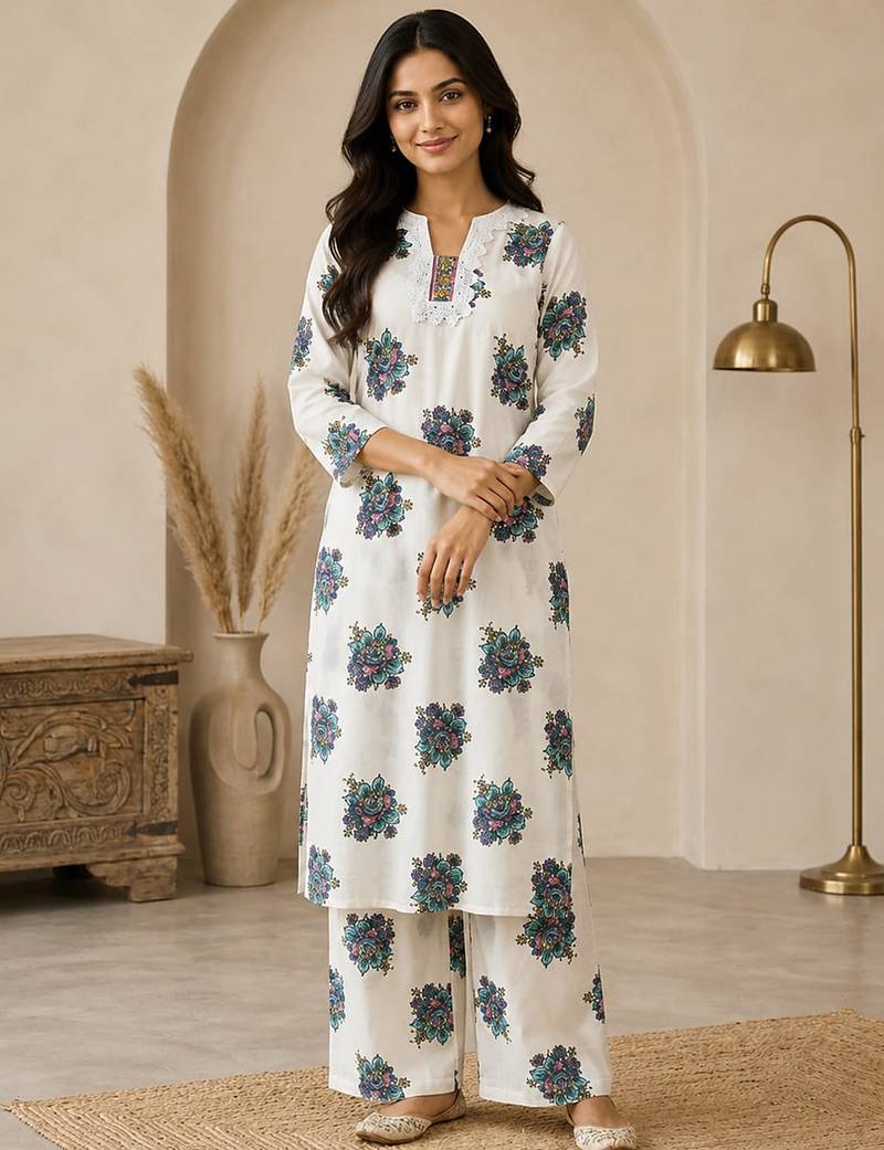 White cotton printed kurta with pant