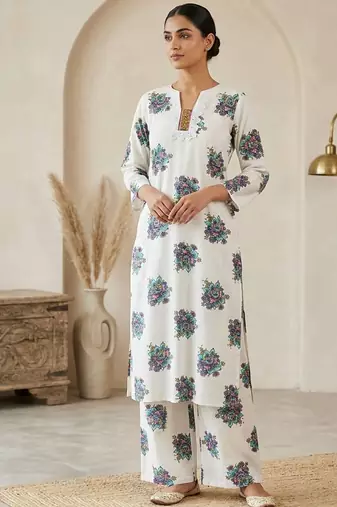 White cotton printed kurta with pant