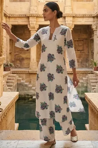 White cotton printed kurta with pant