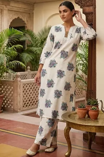 White cotton printed kurta with pant