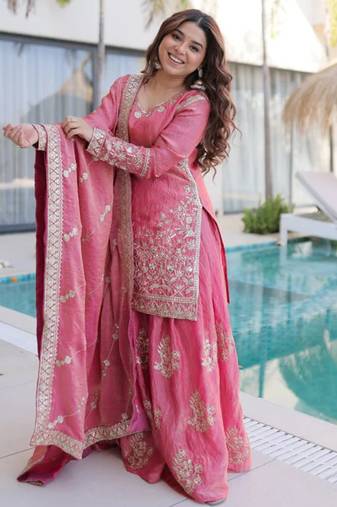 Pink fendy silk heavy thread embroidery work kurta palazzo set