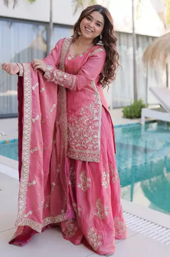 Pink fendy silk heavy thread embroidery work kurta palazzo set