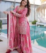 Pink fendy silk heavy thread embroidery work kurta palazzo set