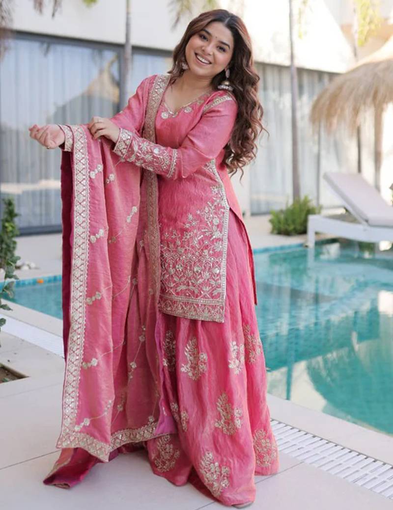 Pink fendy silk heavy thread embroidery work kurta palazzo set