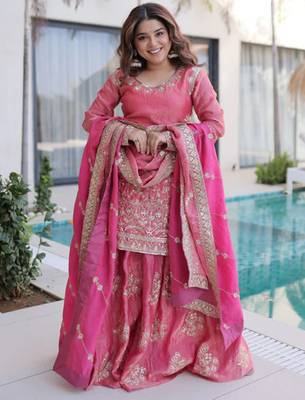 Pink fendy silk heavy thread embroidery work kurta palazzo set 2