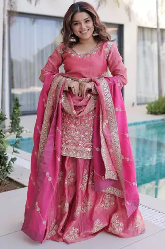Pink fendy silk heavy thread embroidery work kurta palazzo set