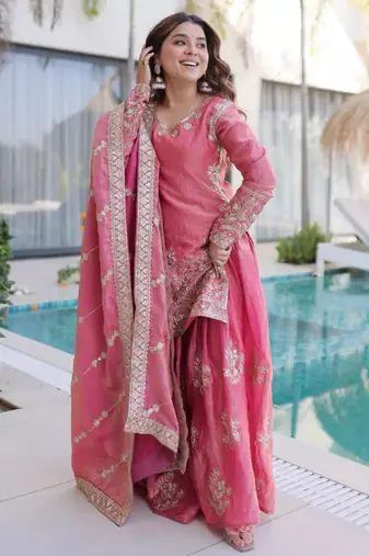 Pink fendy silk heavy thread embroidery work kurta palazzo set