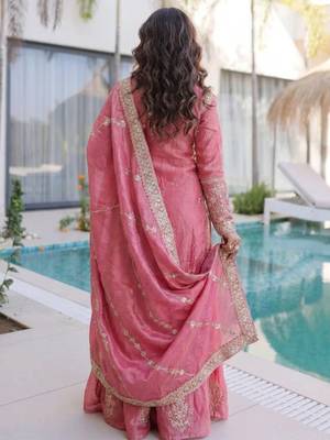 Pink fendy silk heavy thread embroidery work kurta palazzo set 4