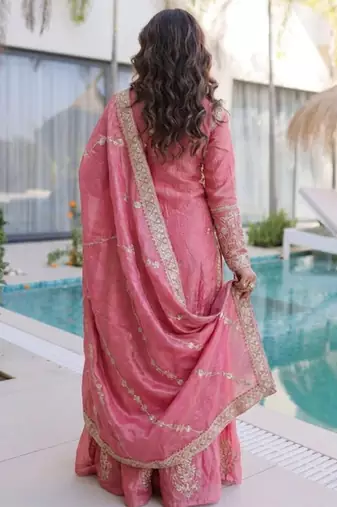 Pink fendy silk heavy thread embroidery work kurta palazzo set