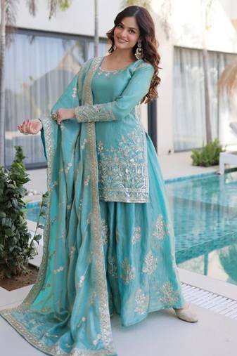 Sky blue fendy silk heavy thread embroidery work kurta palazzo set