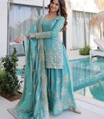 Sky blue fendy silk heavy thread embroidery work kurta palazzo set