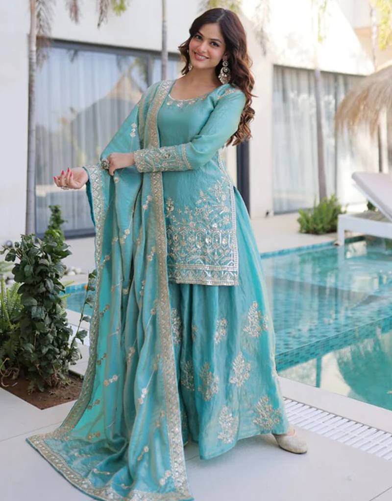Sky blue fendy silk heavy thread embroidery work kurta palazzo set