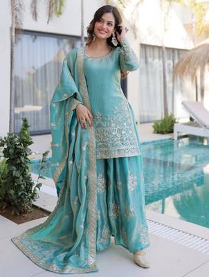 Sky blue fendy silk heavy thread embroidery work kurta palazzo set 2