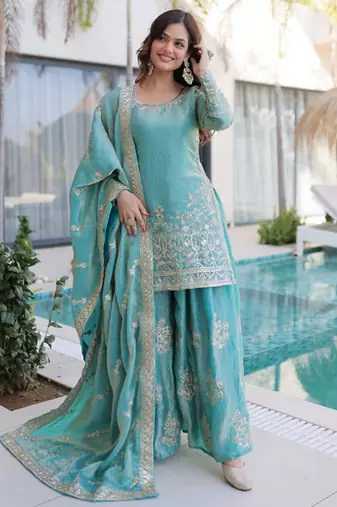 Sky blue fendy silk heavy thread embroidery work kurta palazzo set