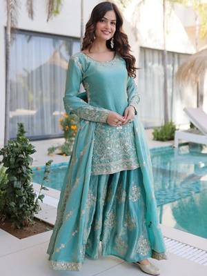 Sky blue fendy silk heavy thread embroidery work kurta palazzo set 3
