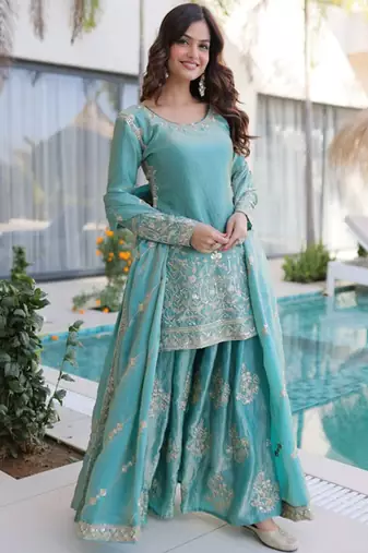 Sky blue fendy silk heavy thread embroidery work kurta palazzo set