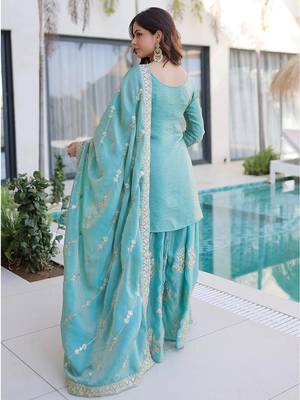 Sky blue fendy silk heavy thread embroidery work kurta palazzo set 4