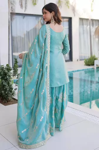 Sky blue fendy silk heavy thread embroidery work kurta palazzo set