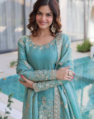Sky blue fendy silk heavy thread embroidery work kurta palazzo set 5