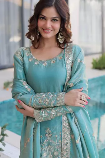 Sky blue fendy silk heavy thread embroidery work kurta palazzo set