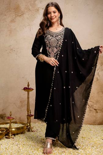 Black vichitra heavy thread embroidery work kurta pant set