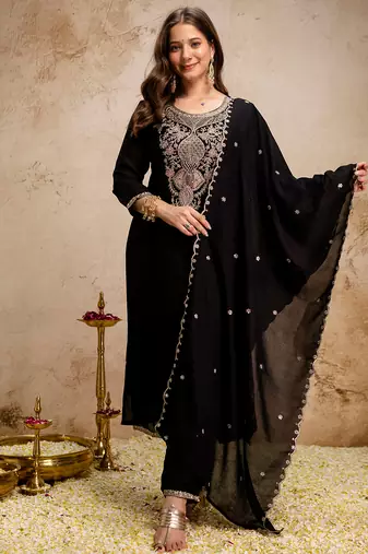 Black vichitra heavy thread embroidery work kurta pant set