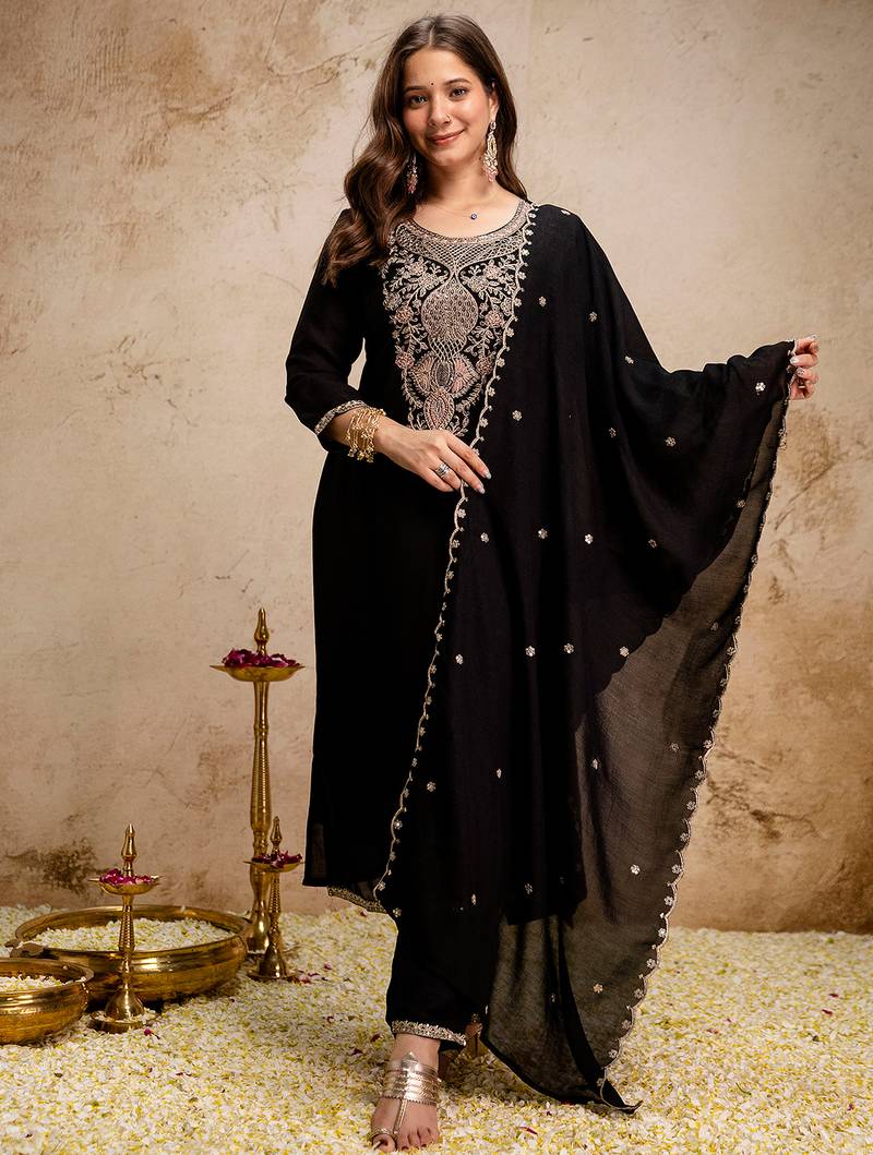 Black vichitra heavy thread embroidery work kurta pant set
