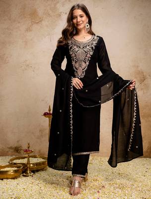 Black vichitra heavy thread embroidery work kurta pant set 2