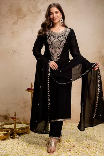 Black vichitra heavy thread embroidery work kurta pant set