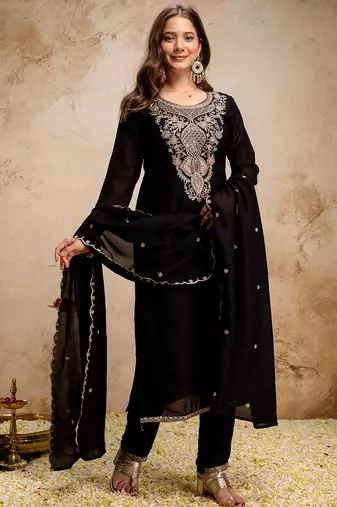 Black vichitra heavy thread embroidery work kurta pant set