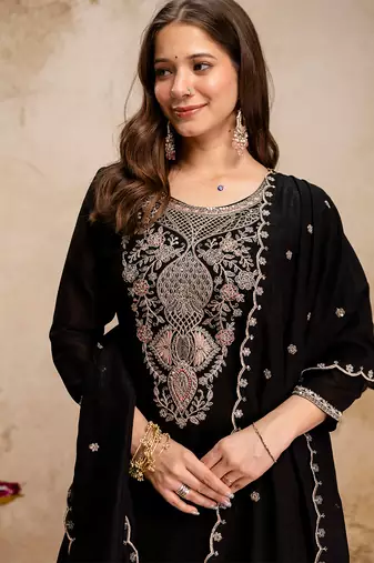Black vichitra heavy thread embroidery work kurta pant set