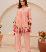 Peach chanderi silk heavy thread embroidery work kurta with pant