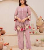 Mauve chanderi silk heavy thread embroidery work kurta with pant