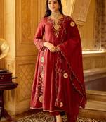 Maroon chanderi silk heavy thread embroidery work kurta pant set