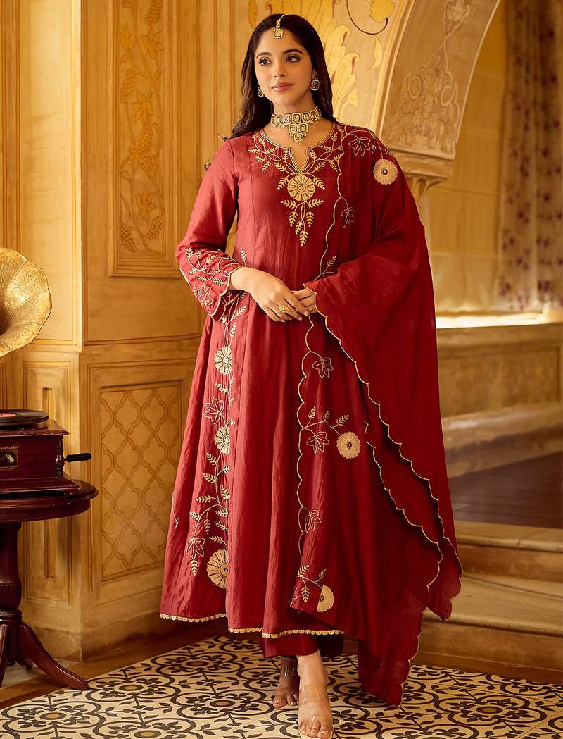 Maroon chanderi silk heavy thread embroidery work kurta pant set