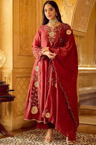 Maroon chanderi silk heavy thread embroidery work kurta pant set