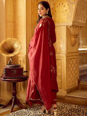 Maroon chanderi silk heavy thread embroidery work kurta pant set 4