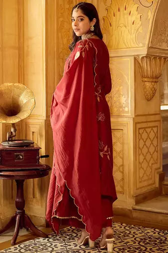 Maroon chanderi silk heavy thread embroidery work kurta pant set