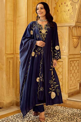 Navy blue chanderi silk heavy thread embroidery work kurta pant set