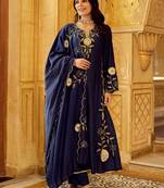 Navy blue chanderi silk heavy thread embroidery work kurta pant set