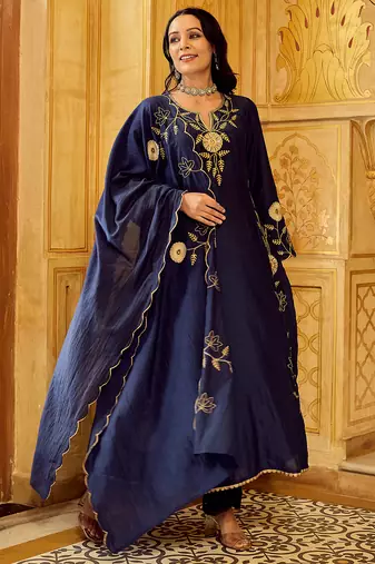 Navy blue chanderi silk heavy thread embroidery work kurta pant set
