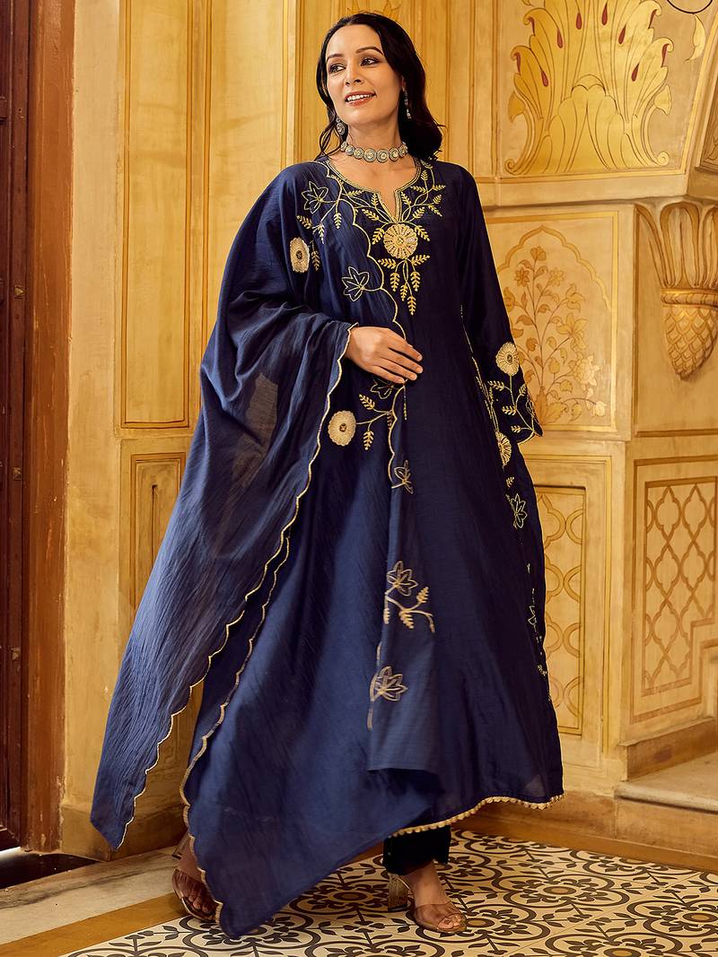Navy blue chanderi silk heavy thread embroidery work kurta pant set