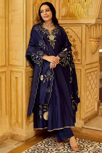 Navy blue chanderi silk heavy thread embroidery work kurta pant set