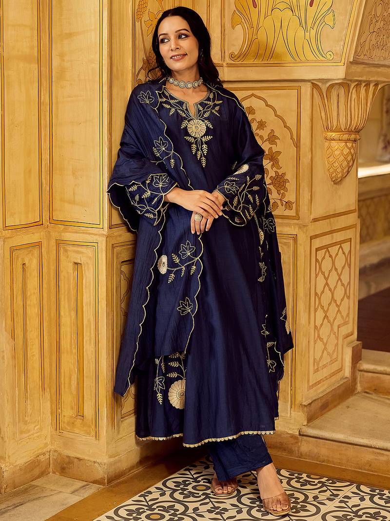 Navy blue chanderi silk heavy thread embroidery work kurta pant set