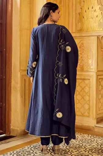 Navy blue chanderi silk heavy thread embroidery work kurta pant set