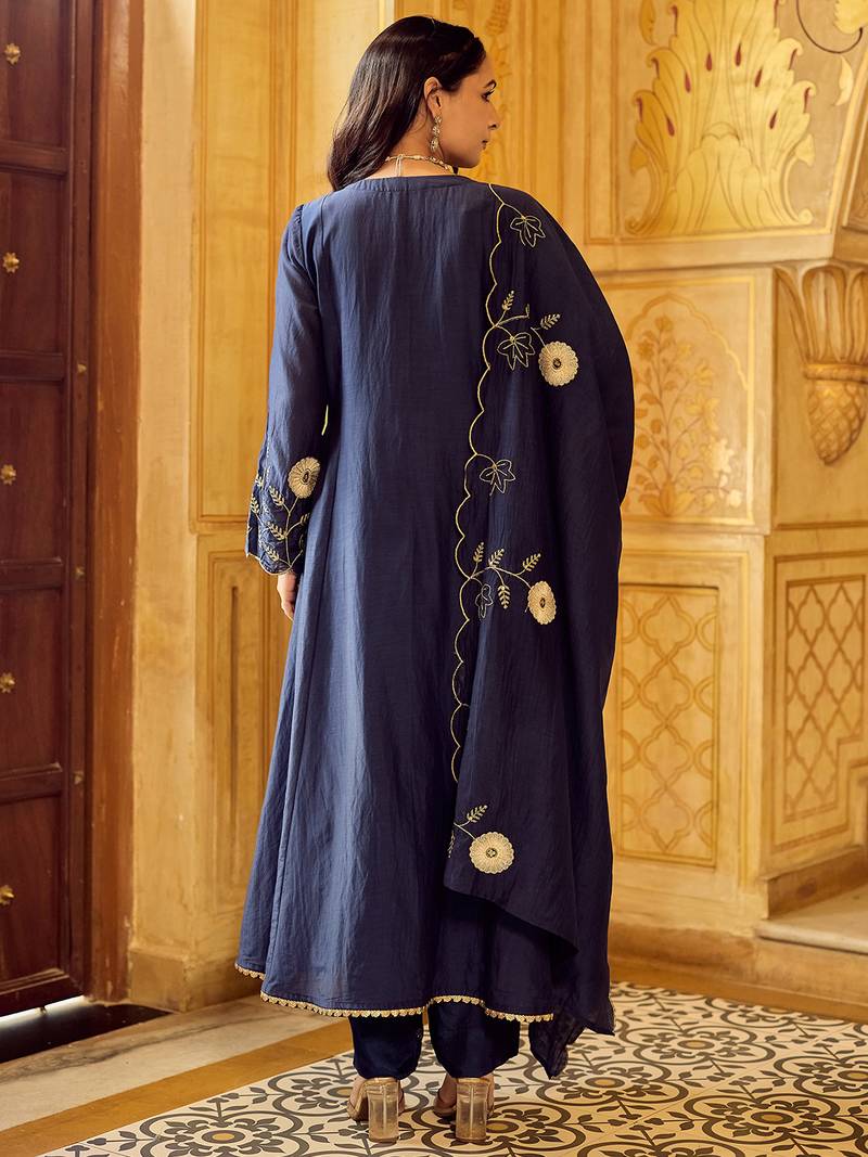 Navy blue chanderi silk heavy thread embroidery work kurta pant set