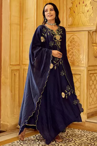 Navy blue chanderi silk heavy thread embroidery work kurta pant set